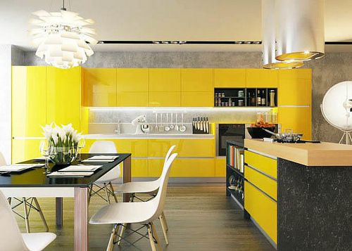 Желтая кухня: фото цвета в дизайне интерьера, стены ярко желтого цвета, с чем сочетать